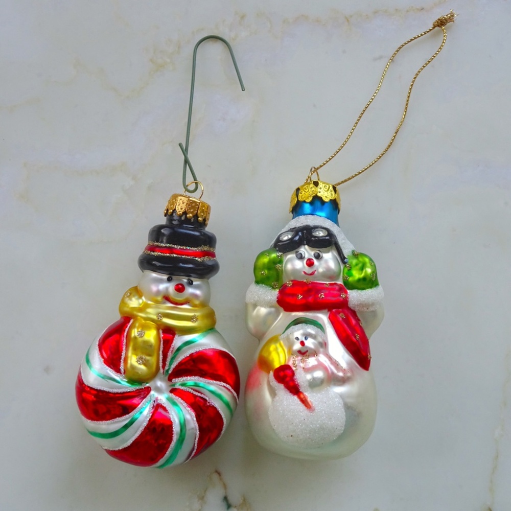 Set of 2 Classic Christmas Snowman Glass Glitter Retro Xmas Holiday Ornaments